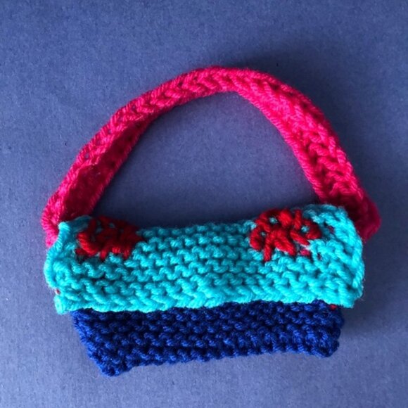 NWOT Vintage Hand-Knitted Made-in-Canada Colourful Teal Mini-Purse Bag - Picture 1 of 3